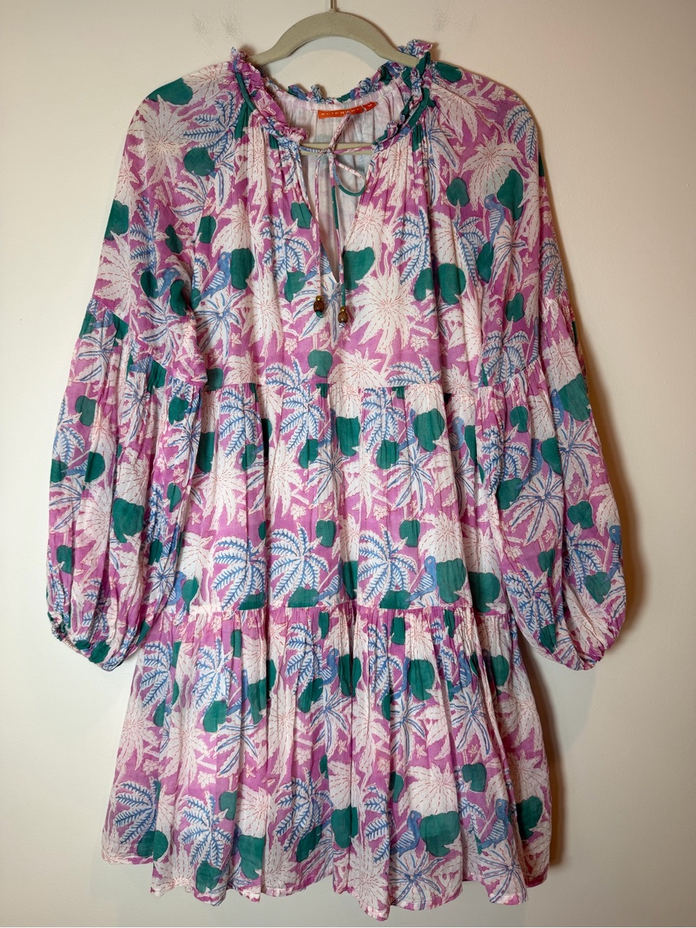 Oliphant Floral Tiered Mini Dress Balloon Sleeve Boho Cotton Resort Size Small